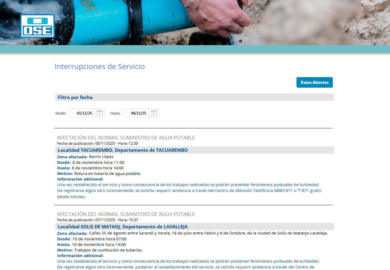 Avisos de Interrupciones OSE